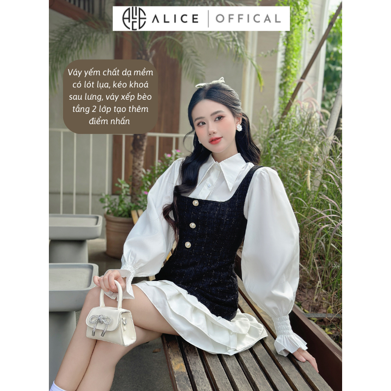 Ảnh Set Váy Dạ Tiểu Thư ALICE Set Dạ Tweed Thiết Kế Áo Sơ Mi Tay Bo Chun Kèm Yếm Dạ Bèo Tầng, Set Yếm Dạ Váy Dài Tay S430 3