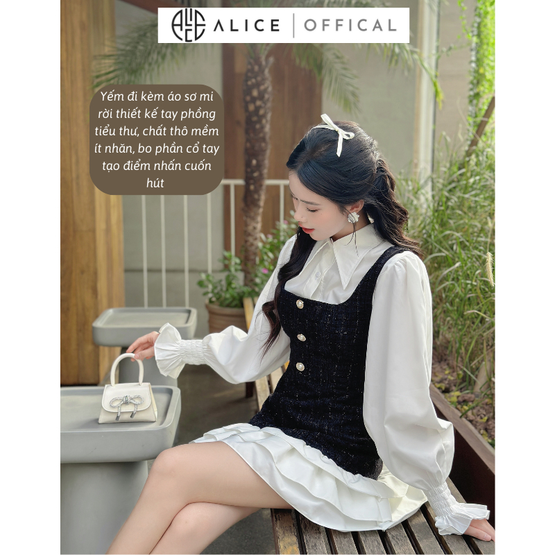 Ảnh Set Váy Dạ Tiểu Thư ALICE Set Dạ Tweed Thiết Kế Áo Sơ Mi Tay Bo Chun Kèm Yếm Dạ Bèo Tầng, Set Yếm Dạ Váy Dài Tay S430 4