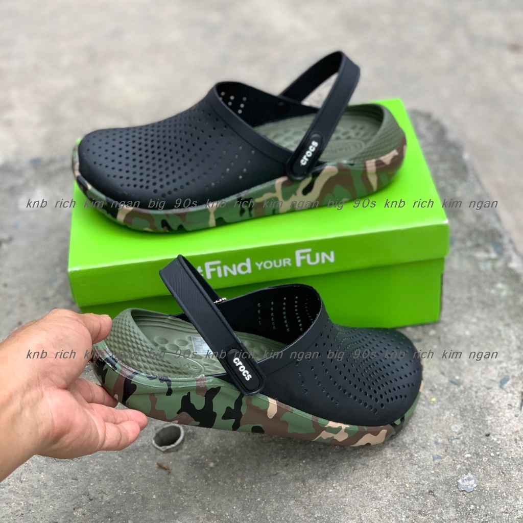 Dép Crocs Camo Đen đế vẩy sơn rêu, Sục Nam Nữ Literide Clog Camo Đi Mưa ...