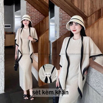 Váy len lông thỏ kèm khăn - Váy len tăm dáng dài cổ tròn kèm khăn viền đen sang chảnh sét váy body sang chảnh xoaistore