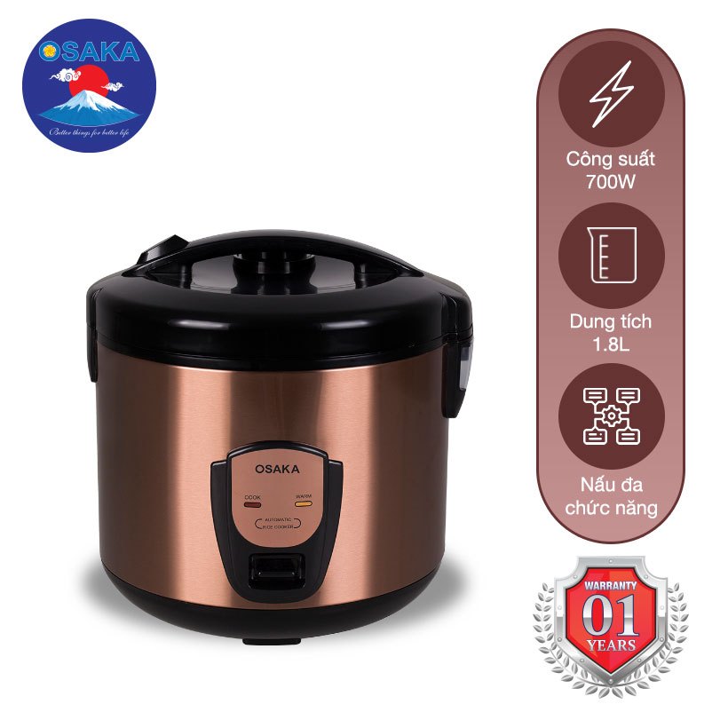 Nồi Cơm Điện OSAKA RC-318P Dung Tích 1.8L, Công Nghệ Nấu 3D, Mâm Nhiệt Siêu Bền, Lòng Nồi Titanium