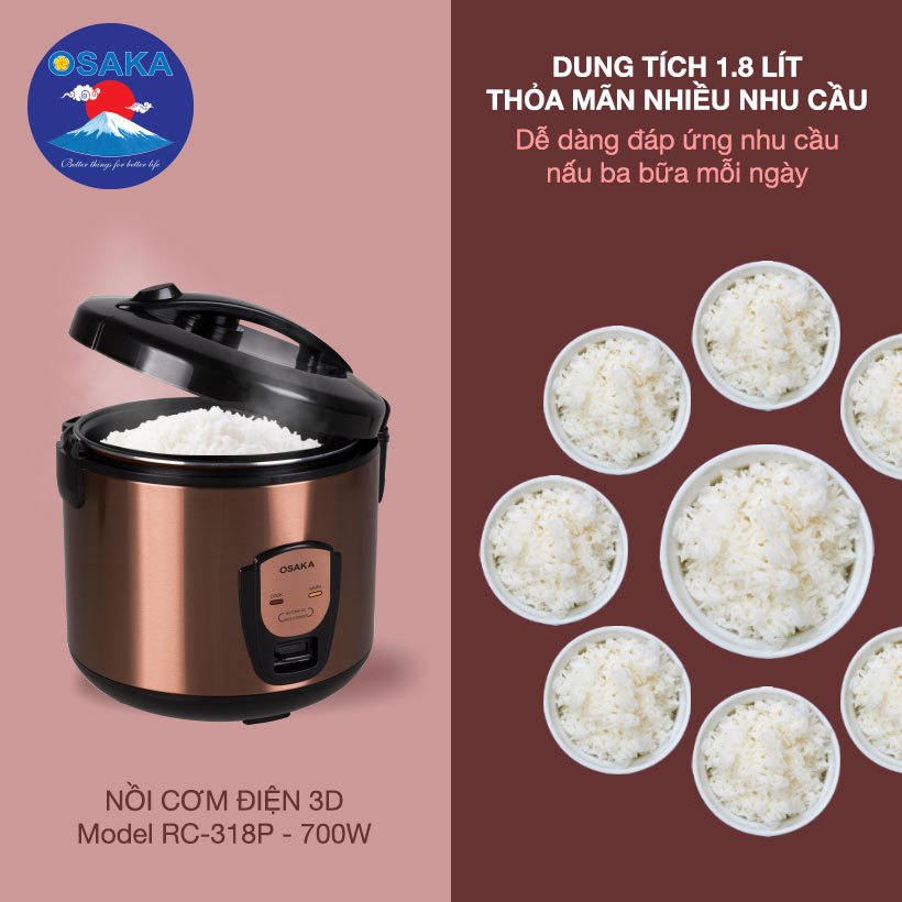 Nồi Cơm Điện OSAKA RC-318P Dung Tích 1.8L, Công Nghệ Nấu 3D, Mâm Nhiệt Siêu Bền, Lòng Nồi Titanium