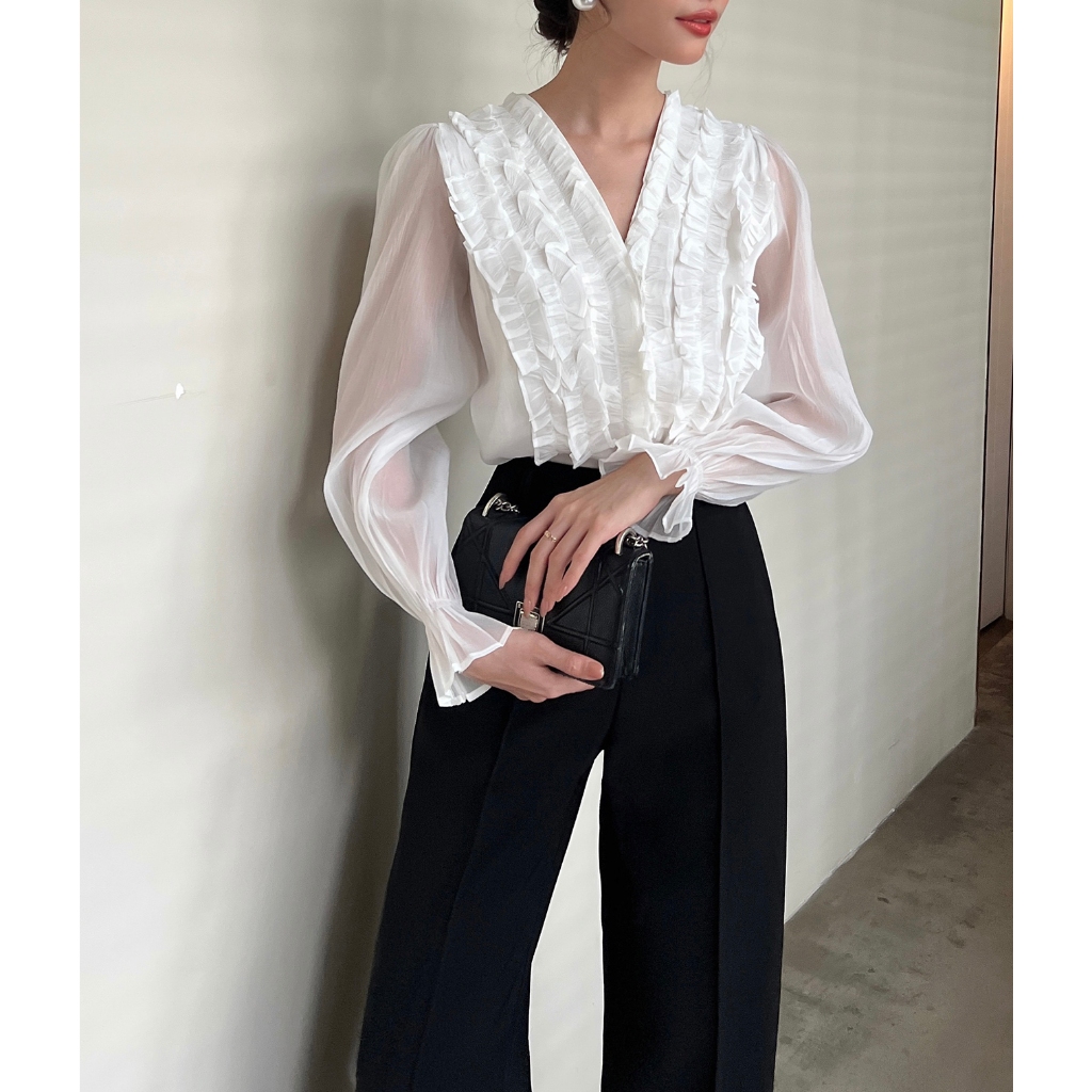 Ảnh Áo Sơ Mi Tay Dài Cổ V Nhún Bèo BBSTORE'S -A2231 4
