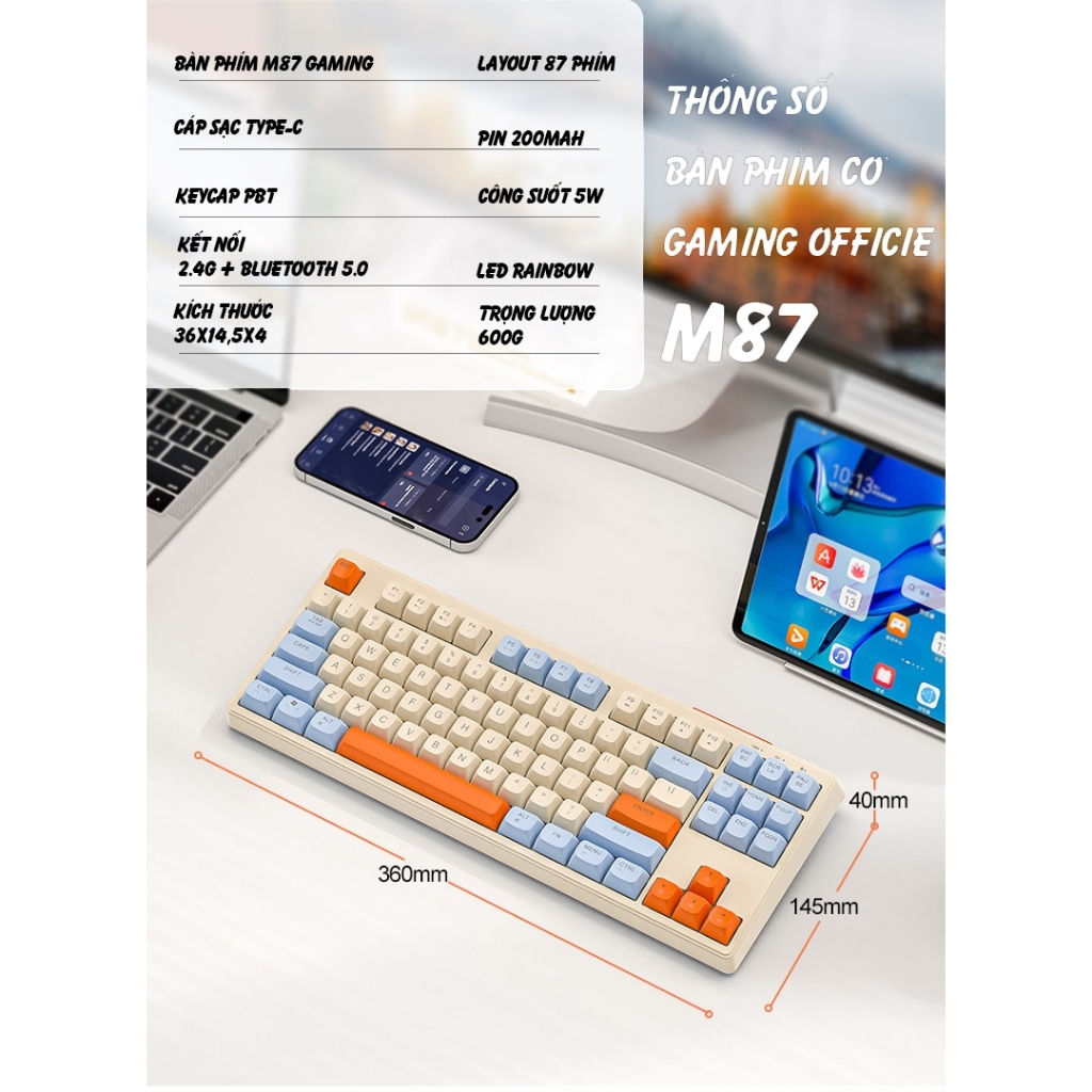 Bàn Phím Giả Cơ Không Dây Bluetooth Ziyou M87 - Kết Nối 2 Chế Độ - Led Rainbow - Pin Sạc - Phím PBT | BigBuy360 - bigbuy360.vn
