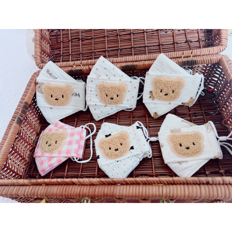 Combo 10 Chiếc Khẩu Trang Xô Muslin Đính Gấu Cho Bé 0-4 Tuổi Nhà Liena'S Closet KT04