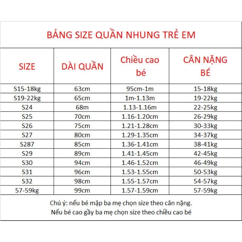 Quần nhung trẻ em quần dài trẻ em size đại từ 15-60kg (QUẦN NHUNG KO LÓT LÔNG)