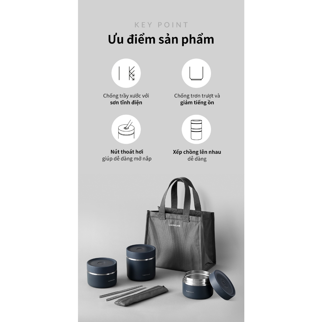 Bộ hộp cơm giữ nhiệt LocknLock LHC8052S02 Màu Xanh Navy, 3 hộp giữ nhiệt kèm túi, muỗng đũa - K-MALL