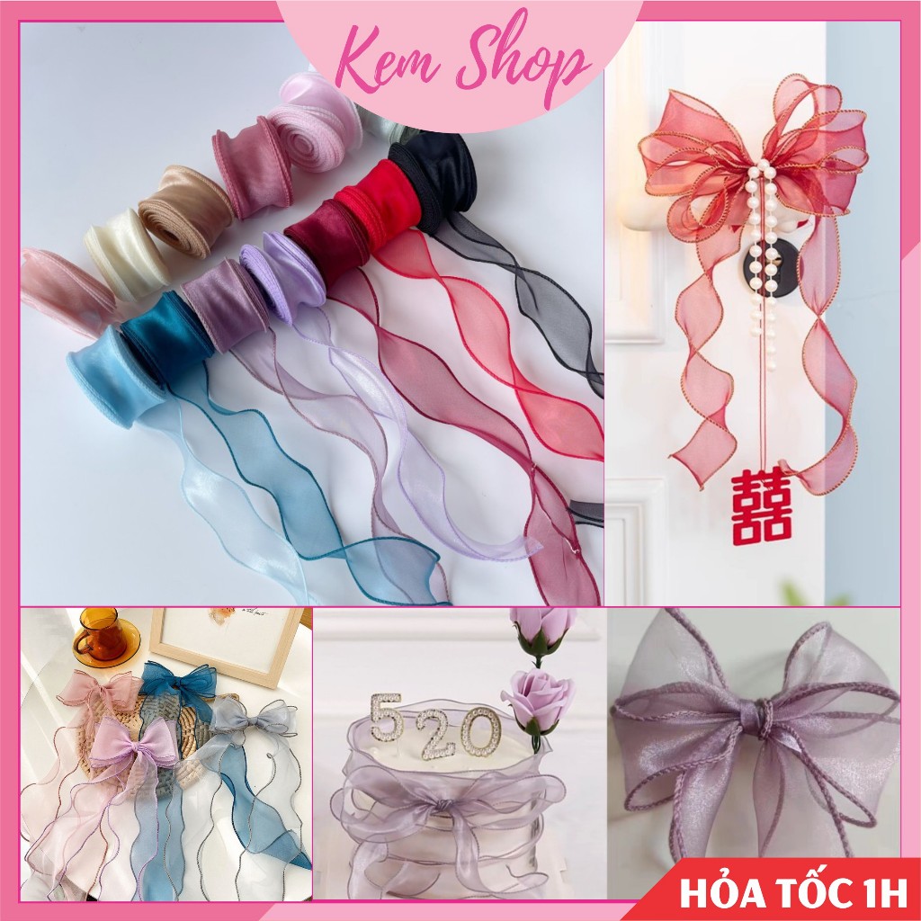 Cuộn ruy băng voan lụa viền sóng bản 4cm dài 9m trang trí buộc nơ, gói quà - Kem Shop K367