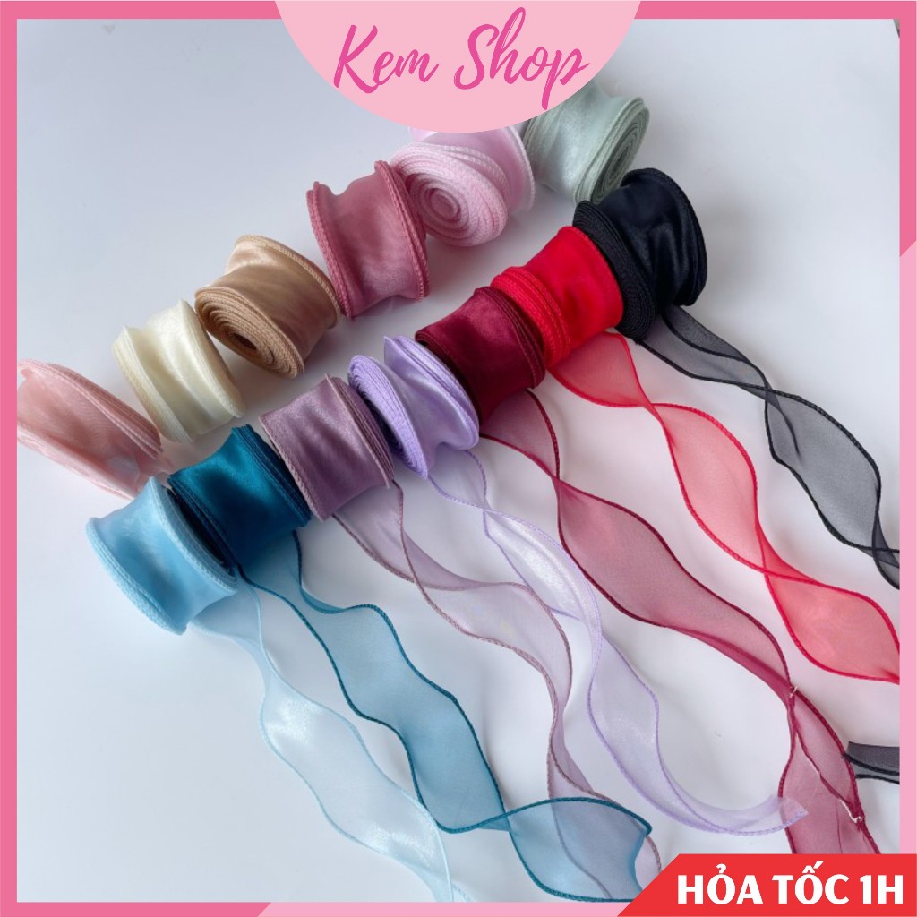 Cuộn ruy băng voan lụa viền sóng bản 4cm dài 9m trang trí buộc nơ, gói quà - Kem Shop K367