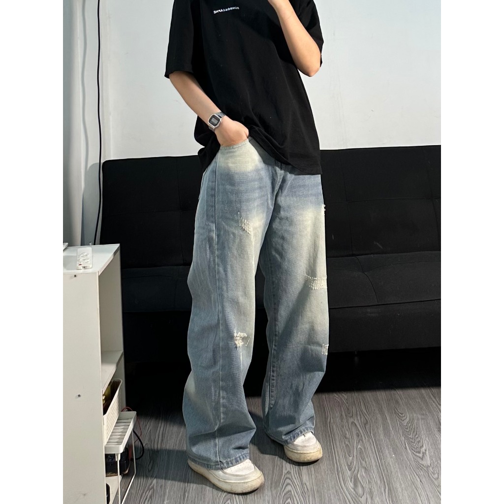 QUẦN BAGGY DENIM CÀO MÀU XANH NHẠT UNISEX
