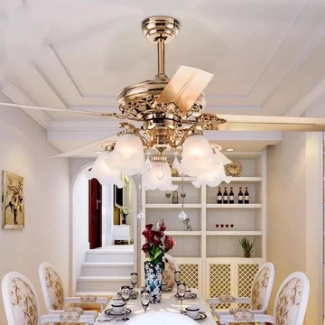 [Bảo hành 5 năm] Quạt trần đèn chùm tân cổ điển 5 chao hoa,Quạt trần cho phòng khách có điều khiển và chế độ đảo chiều