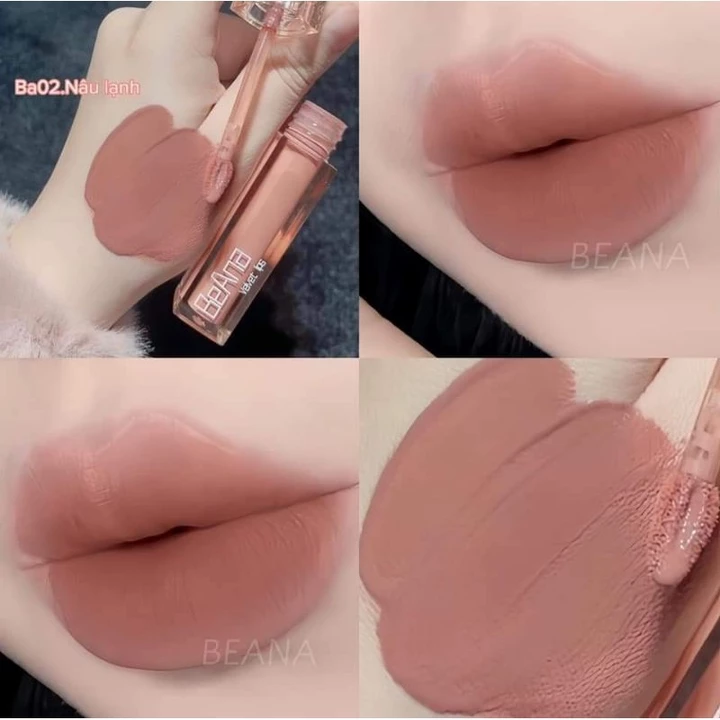 Son kem lì Beana chính hãng màu 02 nâu lạnh, nâu tây, nâu nude sang chảnh, chất son mềm mịn như nhung