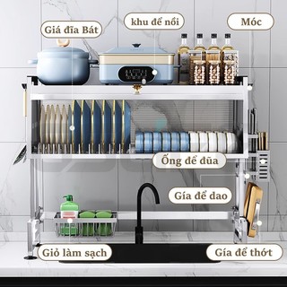 GSlife Kệ Chén Inox Có Tủ Trên Bồn Rửa, Kệ Tủ Bếp Màu Bạc 65/75/85/95/105cm