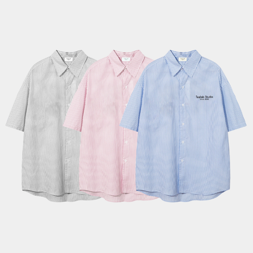 Ảnh Áo Sơ Mi Tay Ngắn Kẻ Sọc Teelab Local Brand Unisex Form Oversize 3 Màu Xanh, Hồng, Xám SS052 1