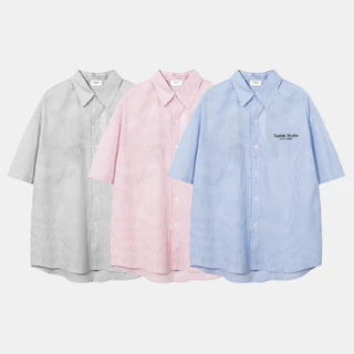 Áo Sơ Mi Tay Ngắn Kẻ Sọc Teelab Local Brand Unisex Form Oversize 3 Màu Xanh, Hồng, Xám SS052