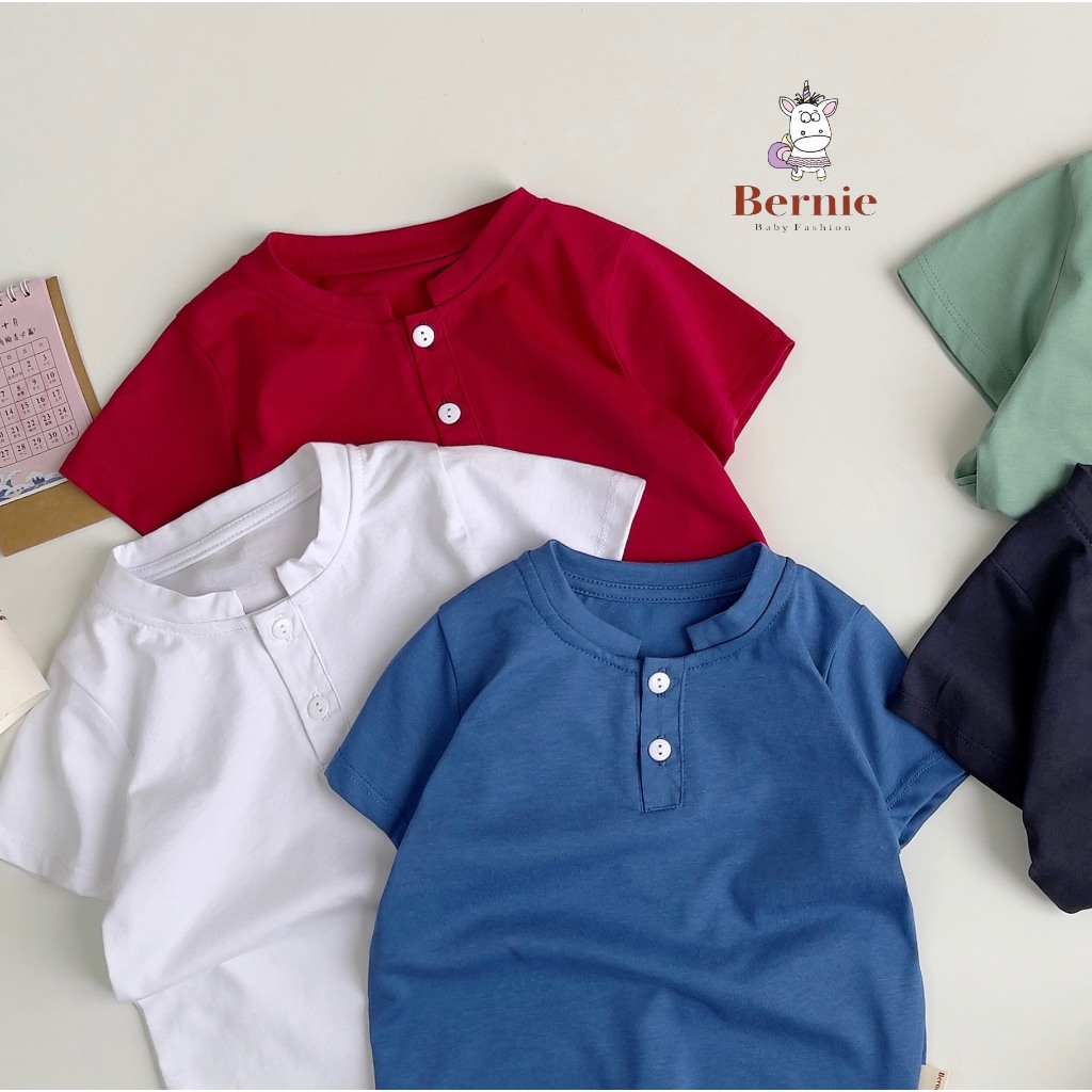 Áo phông basic trơn màu cộc tay unisex cho bé, áo thun tay ngắn đính cúc ngực màu trơn