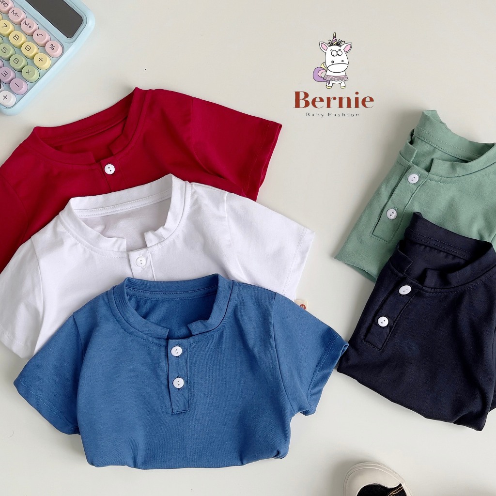 Áo phông basic trơn màu cộc tay unisex cho bé, áo thun tay ngắn đính cúc ngực màu trơn