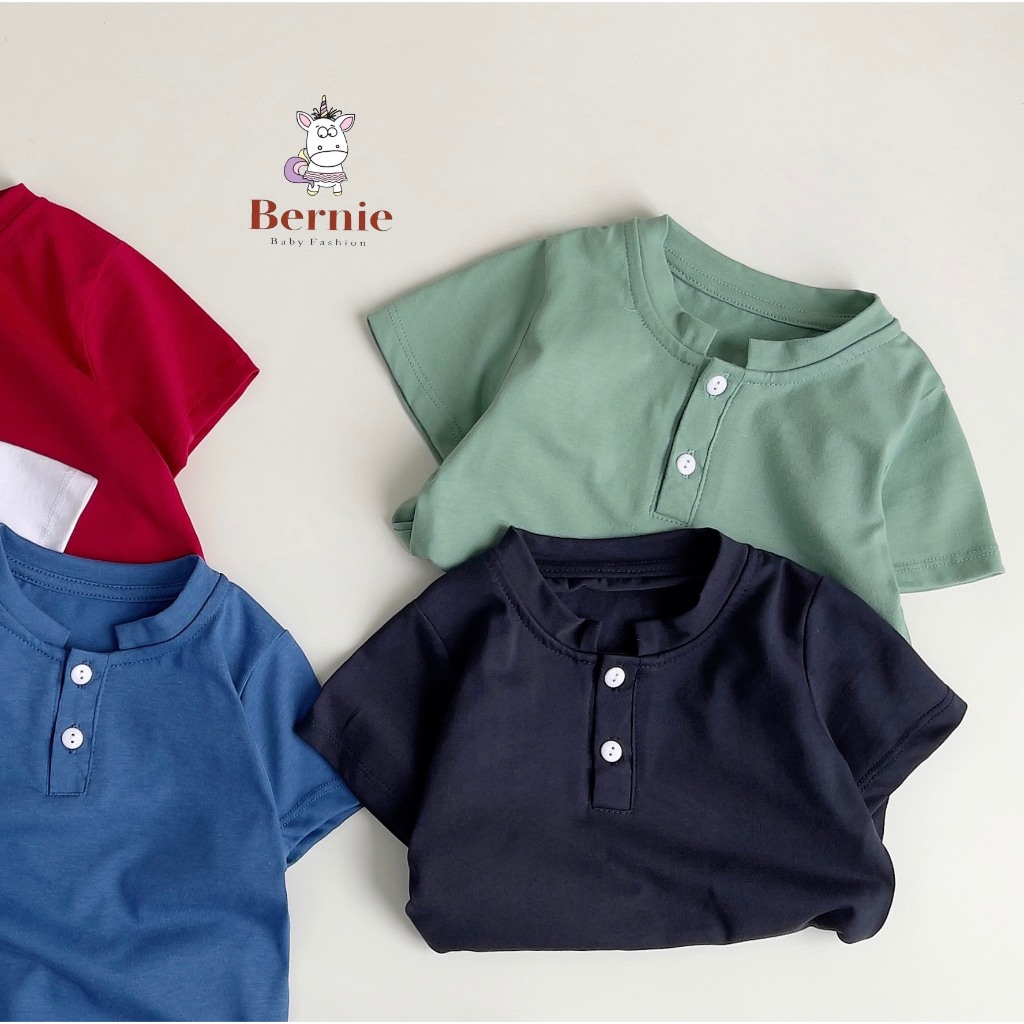 Áo phông basic trơn màu cộc tay unisex cho bé, áo thun tay ngắn đính cúc ngực màu trơn