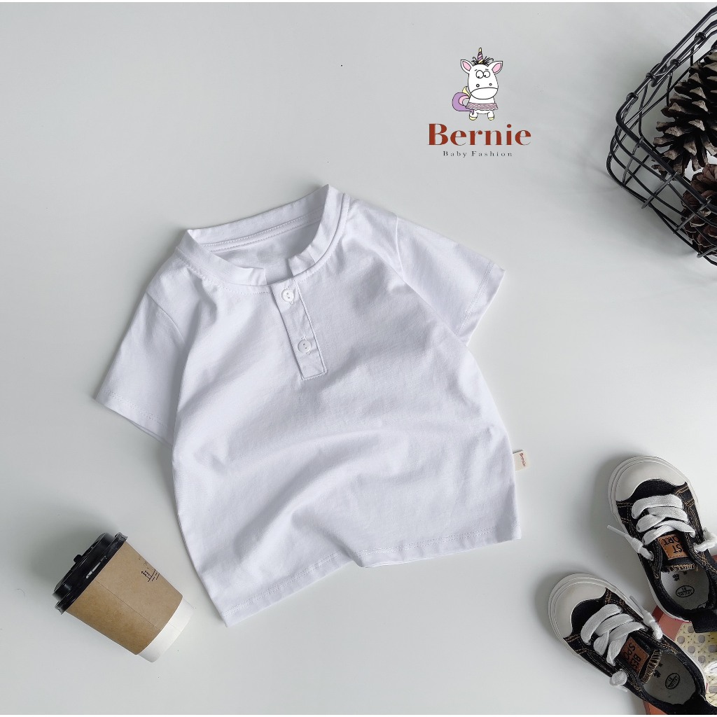 Áo phông basic trơn màu cộc tay unisex cho bé, áo thun tay ngắn đính cúc ngực màu trơn