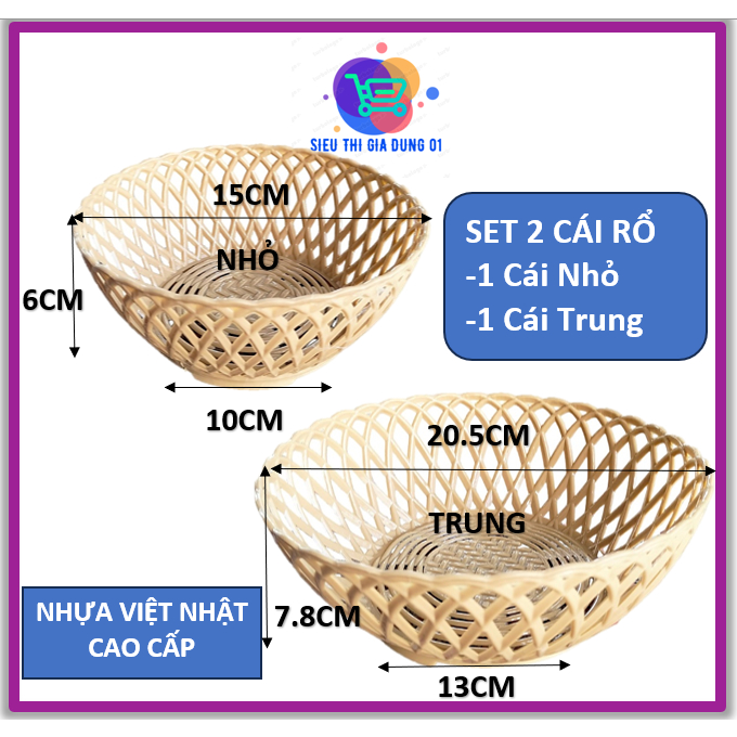 Set 2 Rổ tròn nhựa việt nhật 2 Size Nhỏ Và Trung giả đan mây, đa năng ...