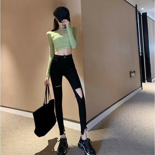Quần Jean Đen Nữ AMILY Lưng Cao skinny rách xẻ đùi co giãn ( có BIGSIZE) phá cách thời trang