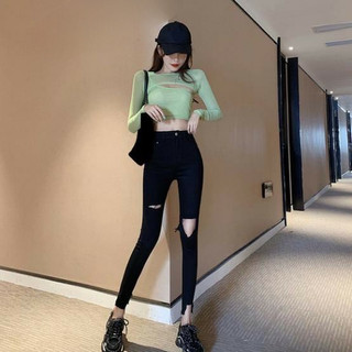 Quần Jean Đen Nữ AMILY Lưng Cao skinny rách xẻ đùi co giãn ( có BIGSIZE) phá cách thời trang