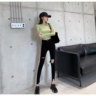 Quần Jean Đen Nữ AMILY Lưng Cao skinny rách xẻ đùi co giãn ( có BIGSIZE) phá cách thời trang