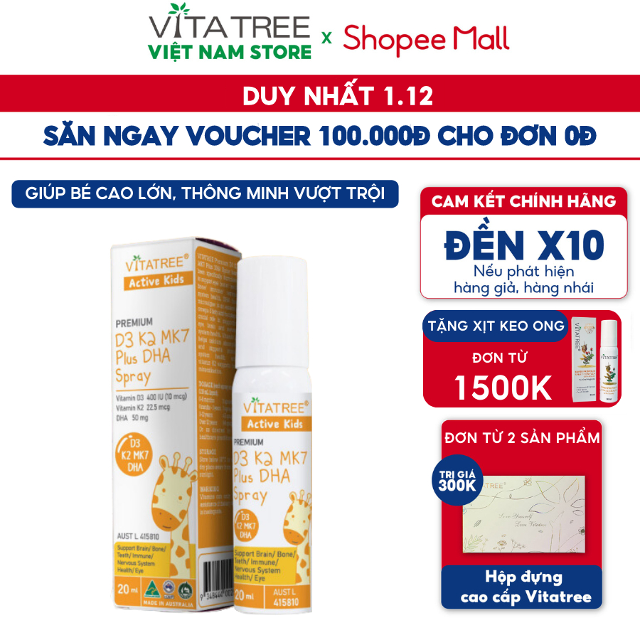 D3k2 Dạng Xịt Vitatree Premium D3k2mk7 Plus Dha 20ml Bổ Sung D3k2 Và Dha Giúp Bé Phát Triển Não