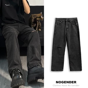 QUẦN BAGGY DENIM RÁCH GỐI MÀU ĐEN XÁM