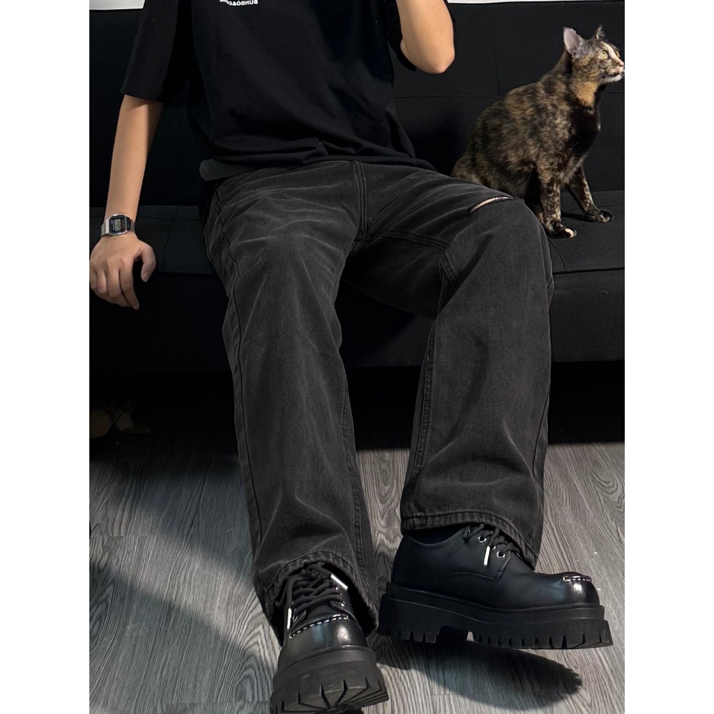 QUẦN BAGGY DENIM RÁCH GỐI MÀU ĐEN XÁM
