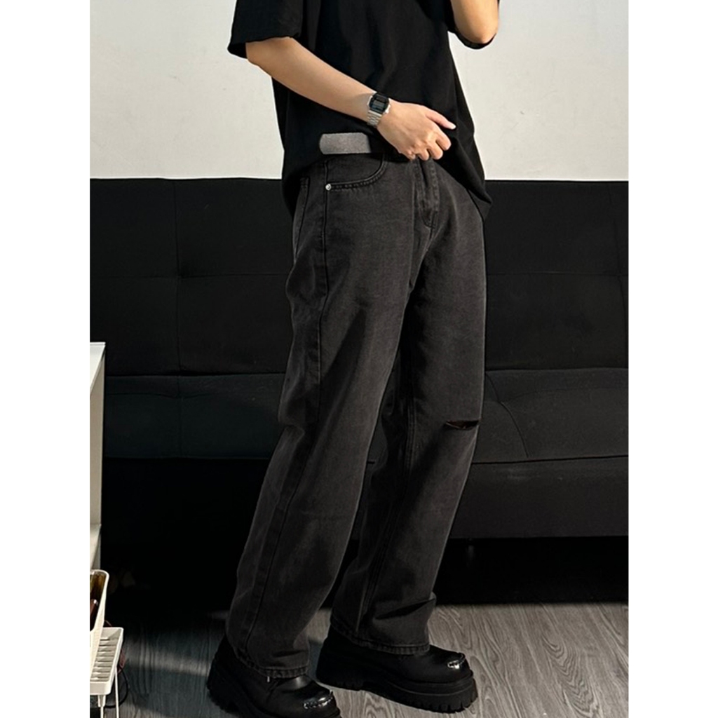QUẦN BAGGY DENIM RÁCH GỐI MÀU ĐEN XÁM