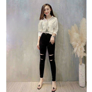 Quần skinny jean nữ AMILY lưng cao co giãn rách gối, rách ngang đùi ( có BIGSIZE tới 70kg)