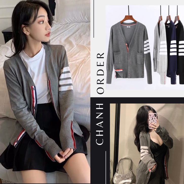 Áo khoác cardigan nam nữ Thom Browne dập 4 sọc trắng tay phối thêu vạch ...