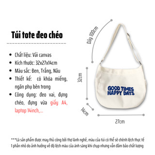 Túi tote đeo chéo nữ đi học canvas có khóa kéo ngăn phụ nhỏ đựng sách vở giấy a4 laptop 14 inch DC07