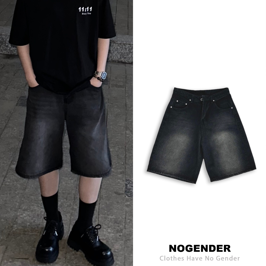 QUẦN SHORT DENIM ỐNG RỘNG MÀU ĐEN WASH UNISEX