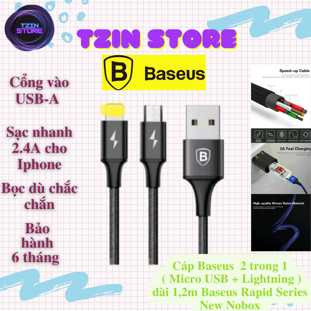 Cáp 2 đầu siêu bền Baseus 2 in 1 Cable chính hãng, Nobox | Shopee Việt Nam