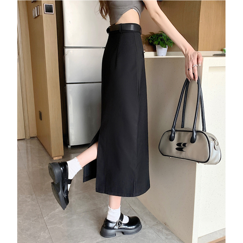 Chân Váy Chữ A Suông Dáng Dài 90cm Sẻ Sau Phối Đai-Chất Liệu Vitex-Chân Váy Công Sở-CV70T