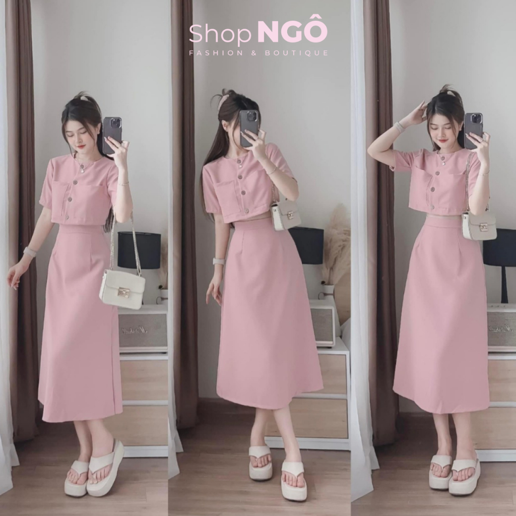 Set váy tiểu thư nữ ÁO CROPTOP TÚI HỘP nút cài mix chân váy dáng dài ...
