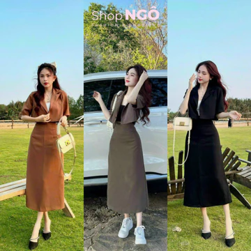 Set váy dài - Set váy vest 3 món nữ (KÈM 3 MÀU SHOP CHỤP) áo crotop tay ngắn mix chân váy dáng dài thanh lịch shopngoo