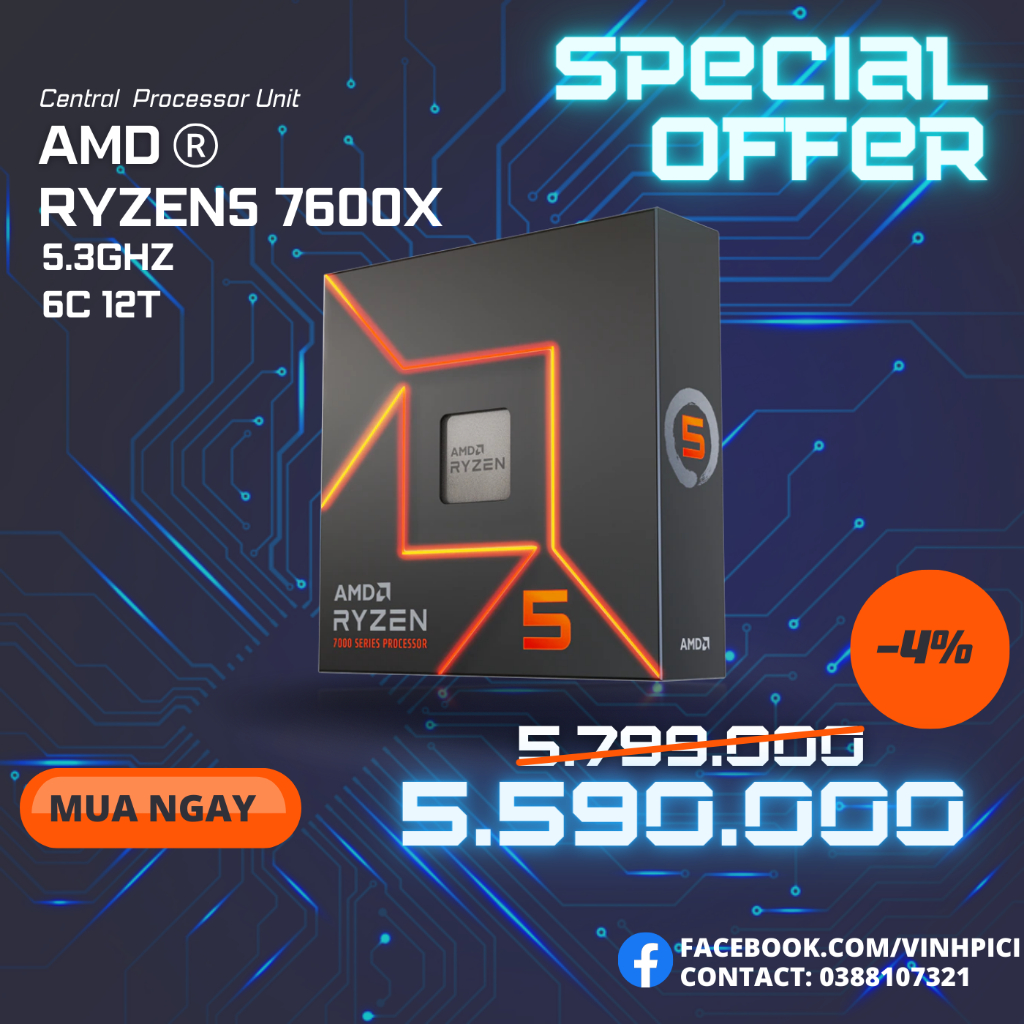 CPU AMD Ryzen 5 7600X ( 4.7GHz Boost 5.3GHz / 6 Nhân 12 Luồng / 38MB ...