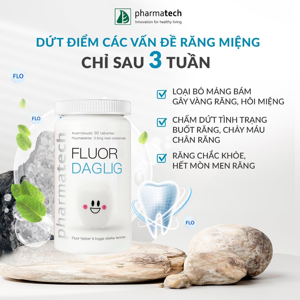 Viên ngậm bảo vệ sức khỏe răng miệng Pharmatech Fluor Daglig Lọ 90 viên