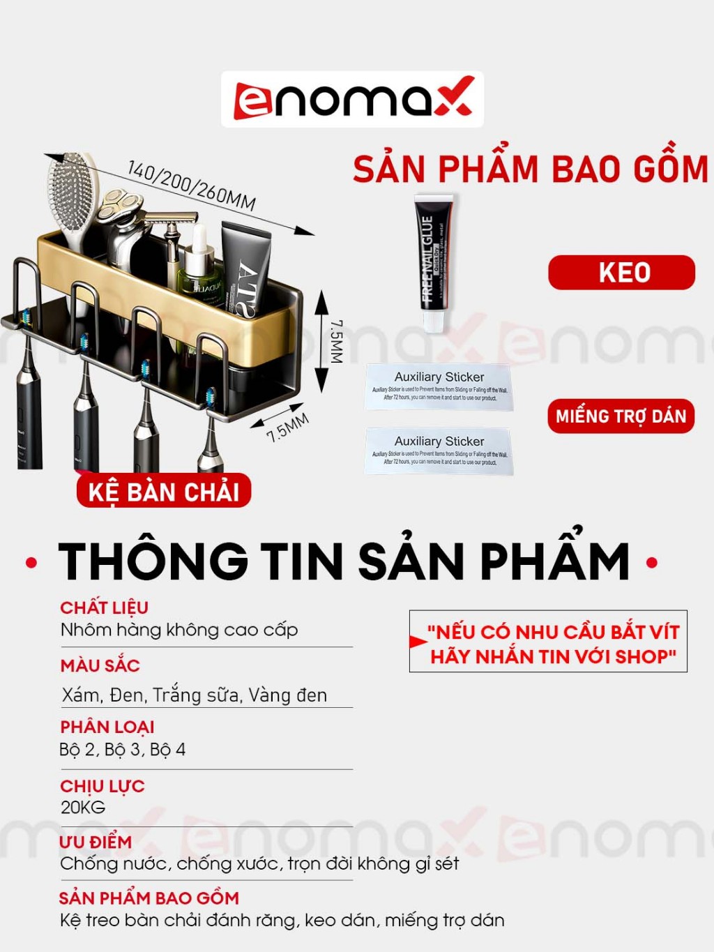 Ảnh Kệ để bàn chải đánh răng Enomax dán tường, chất liệu nhôm hàng không chịu lực cực tốt, bảo hàng 10 năm ( Eno 0104) 3