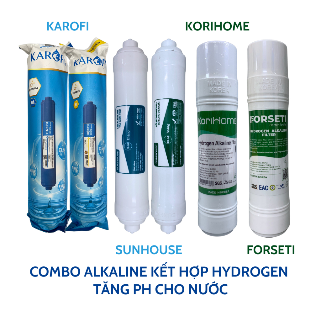 Combo Tăng pH Cho Nước, Tạo Nước Kiềm Tính Gồm Alkaline Kết Hợp Hydrogen Hãng Karofi Sunhouse Korihome