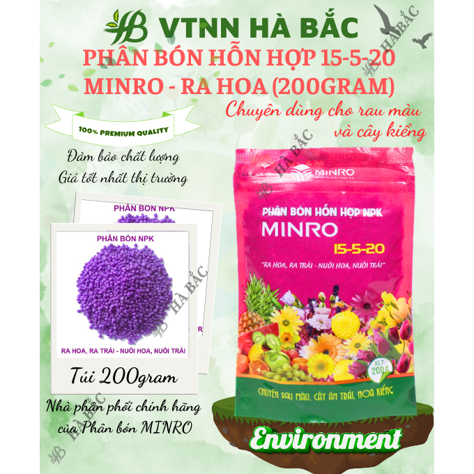 Phân Bón Hỗn Hợp 15-5-20 Minro (200gram) - Ra Hoa, Ra Trái, Nuôi Hoa, Nuôi Trái Khỏe Mạnh