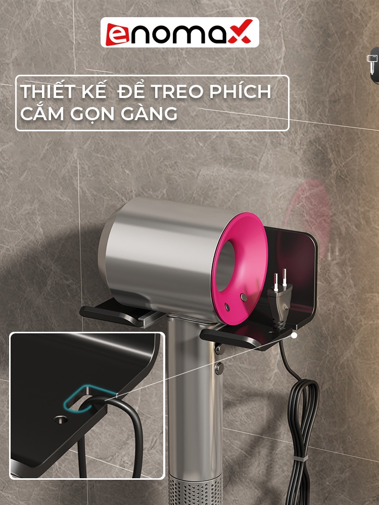 Ảnh Giá treo máy sấy tóc Enomax dán tường chắc chắn, chất liệu nhôm hàng không chống gỉ sét, bảo hành 10 năm (Eno 0116) 4