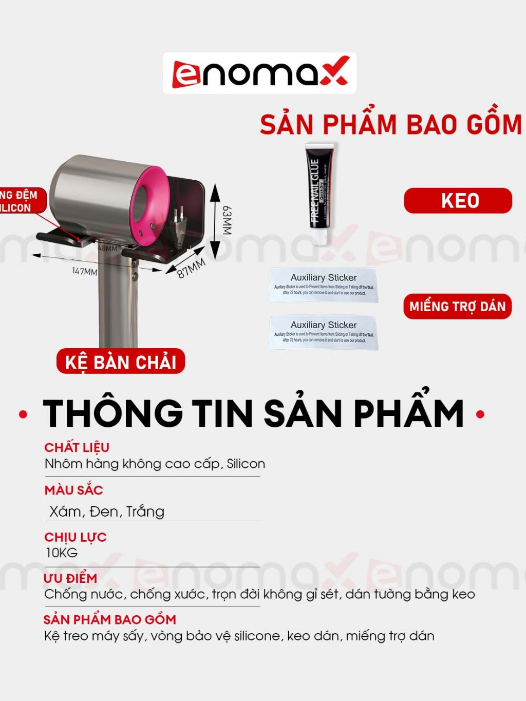 Ảnh Giá treo máy sấy tóc Enomax dán tường chắc chắn, chất liệu nhôm hàng không chống gỉ sét, bảo hành 10 năm (Eno 0116) 2