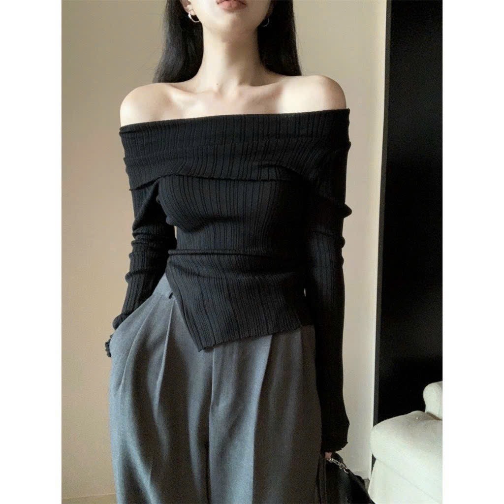 Áo Len Trễ Vai Vạt Chéo nữ tính tôn dáng, chất liệu len gân hàng QCCC siêu xịn bao chất lượng