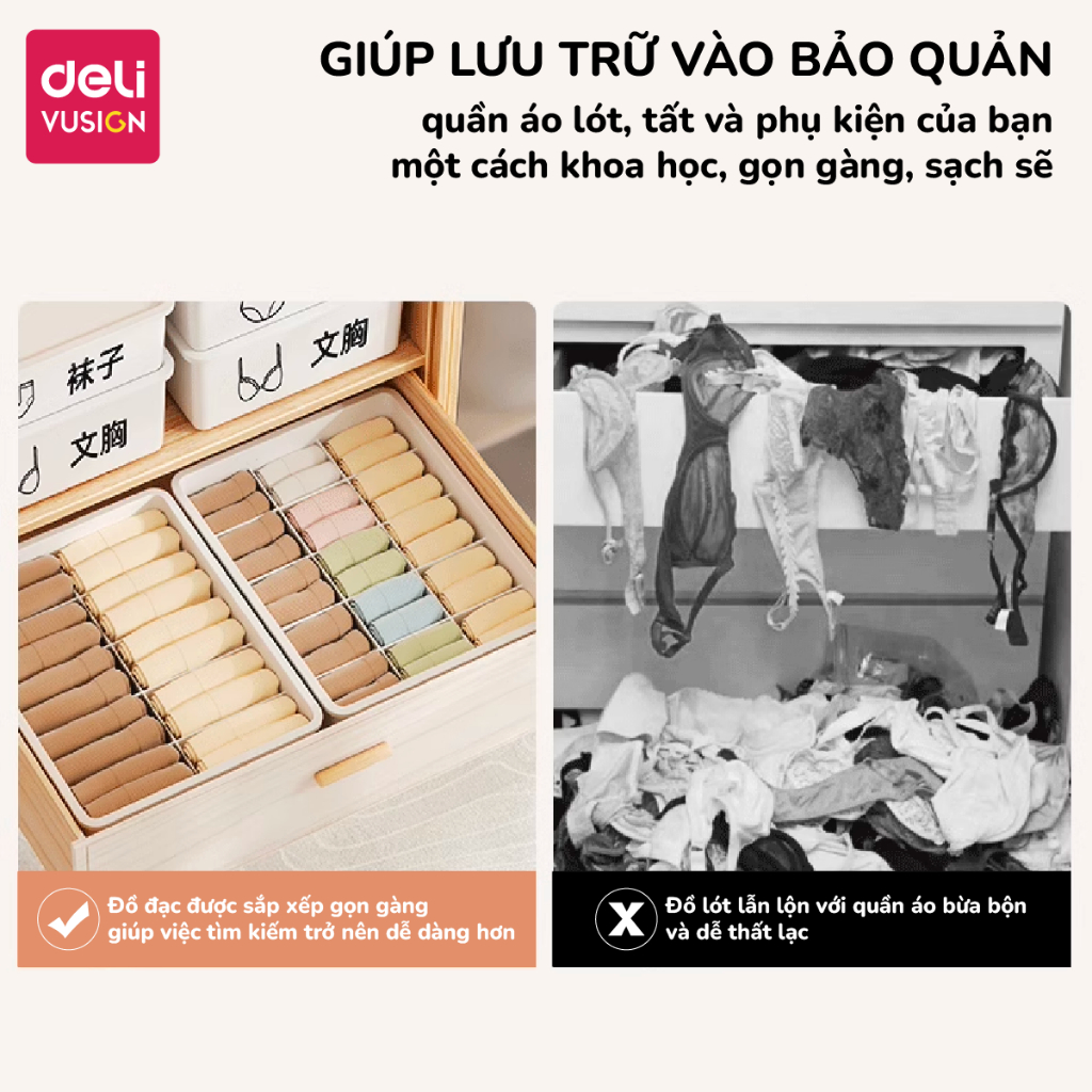 Hộp Đựng Đồ Lót Chia Ngăn Có Nắp Deli – Hộp Nhựa Siêu Dày Đựng Tất Vớ, Khay Sắp Xếp Tủ Quần Áo