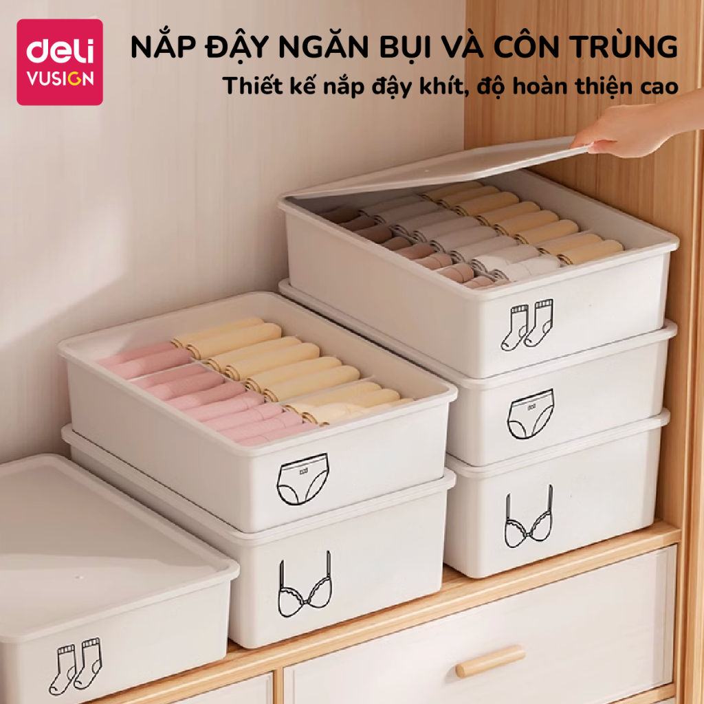Hộp Đựng Đồ Lót Chia Ngăn Có Nắp Deli – Hộp Nhựa Siêu Dày Đựng Tất Vớ, Khay Sắp Xếp Tủ Quần Áo