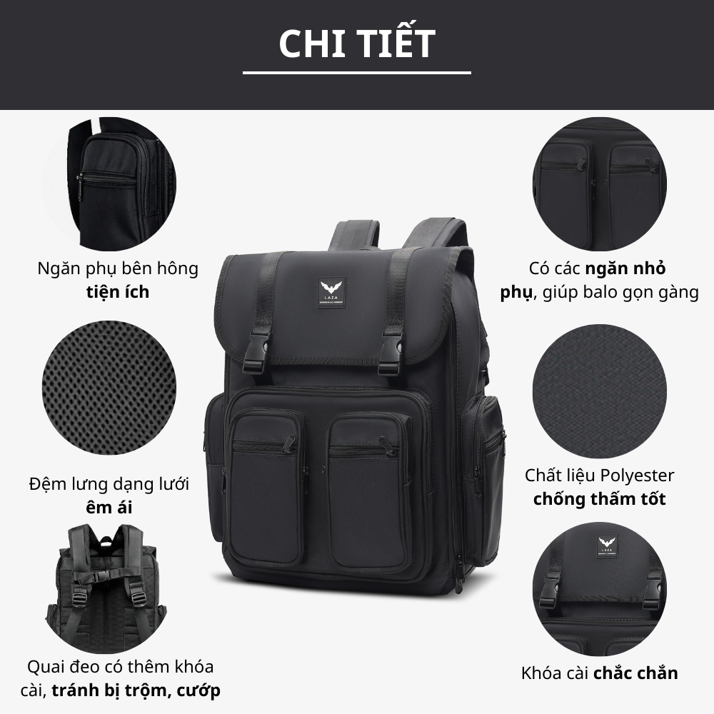Ảnh Balo LAZA Simple Backpack 500 - Hàng thiết kế cao cấp trượt nước - Bảo hành trọn đời 4